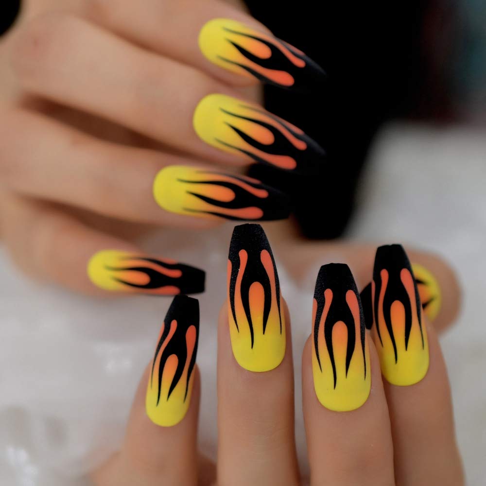 CoolNail Fire Nails Matte Black Yellow Press on False Nails Extra Long Coffin Ballerina Frosted Glue On Fingersnails Free Adhesive Tapes