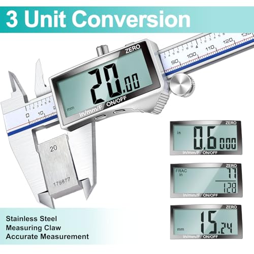 Digital Caliper, Caliper Measuring Tool with Large LCD Screen, Micrometer Caliper, Stainless Steel, Screen Splash Proof, Easy Switch from Inch Metric Fraction (6 Inch)