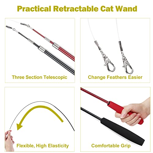 Interactive Cat Toys - Retractable Wand Toy and Feather Toys Refills for Indoor Cats to Chase and Exercise