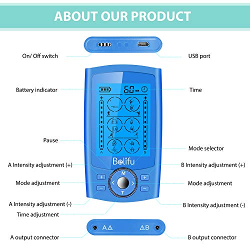 Dual Channel TENS EMS Unit 24 Modes Muscle Stimulator for Pain Relief Therapy, Electronic Pulse Massager Muscle Massager with 10 Pads, Dust-Proof Drawstring Storage Bag, Fastening Cable Ties