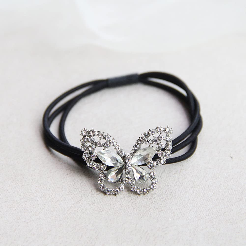 2Pcs Elegant Women Girls Hair Scrunchies Crystal Rhinestone Butterfly Hair Ties Bands Accessories Ponytail Holder
