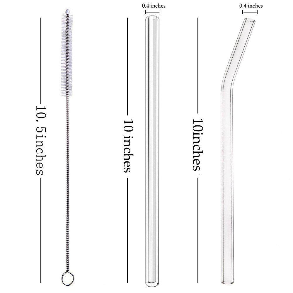Glass Smoothie Straws, 10 x 10 mm Long Reusable Clear Drinking Straws, Pack of 8 with 2 Cleaning Brush,