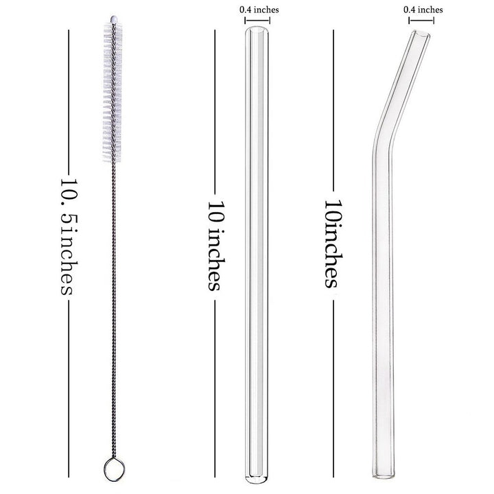 Glass Smoothie Straws, 10 x 10 mm Long Reusable Clear Drinking Straws, Pack of 8 with 2 Cleaning Brush,