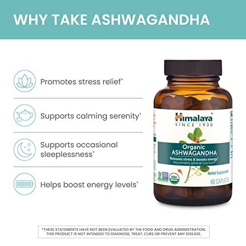 Organic Ashwagandha, 60 Day Supply, Herbal Supplement for Stress Relief, Energy Support, Occasional Sleeplessness, Organic, Non-GMO, Vegan, Gluten Free, 670 mg, 60 Caplets
