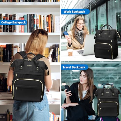 Laptop Backpack Women, 15.6 Inch Work Backpack Woman for Teacher Nurse Bags, Computer College Backpack Purse, Waterproof Anti-theft Travel Back Pack with USB Charging Port, Black