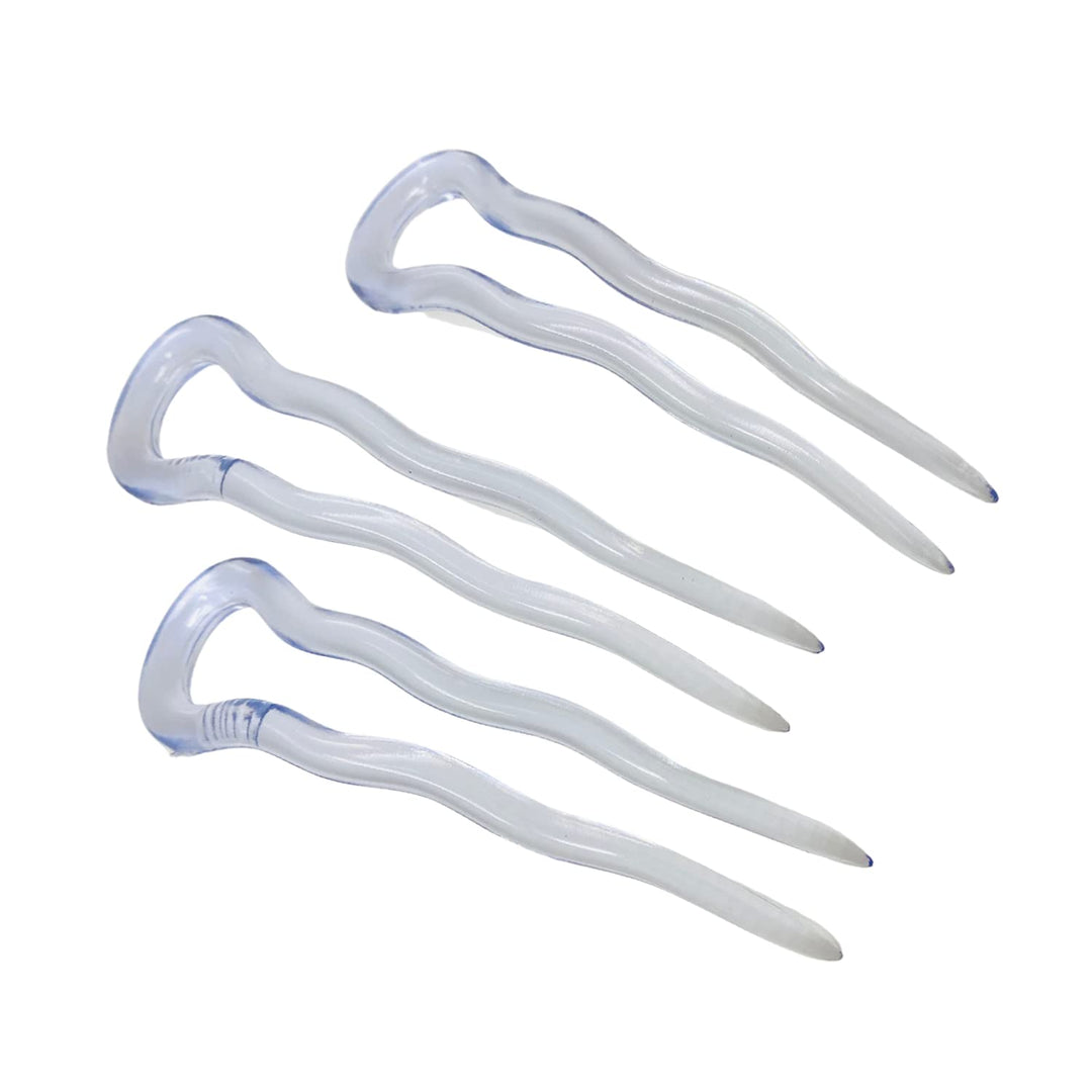 French Mystic Crystal Clear Transparent 3 Inch Wavy Set of 3 Celluloid U Shaped Hair Pins for Hair Bun Style for Women and Girls Hair Styling Accessories, Made in France
