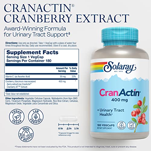CranActin Cranberry Extract 400 mg - Cranberry Supplements for Women and Men - Bladder and Urinary Tract Health Support with Vitamin C - Vegan, 60-Day Guarantee, 180 Servings, 180 VegCaps