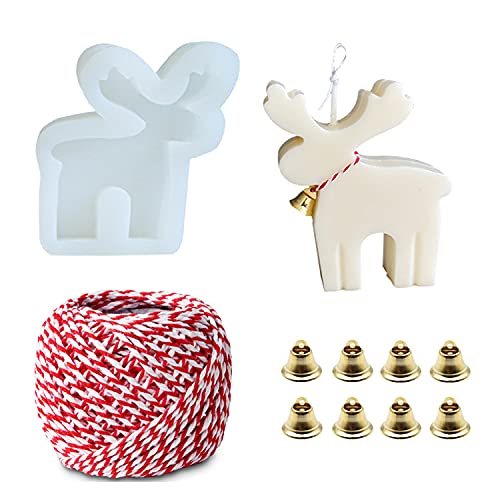 Christmas Elk Deer Silicone Candle Molds Soap Mold with Woolen Thread and 8 Pcs Bells, DIY Xmas Theme Resin Mould for Home Party Decoration, Handmade Soap Bath Bomb Lotion Bar Chocolate Jello