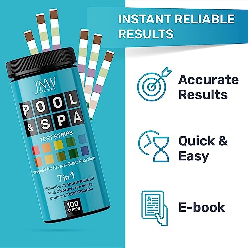 7-Way Pool Test Strips, 100 Quick & Accurate Pool and Spa Test Strips, Pool Water Test Kit - Chlorine, Bromine, pH, Hardness, Alkalinity, Pool Water Tests, Spa and Hot Tub Test Strips with Ebook - JNW
