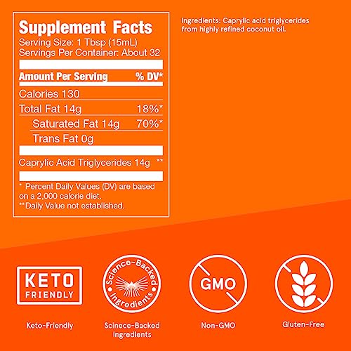 Brain Octane C8 MCT Oil, 16 Ounces, Keto Supplement for Sustained Energy and Fewer Cravings