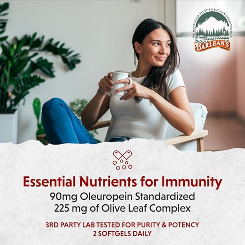 Barlean's Olive Leaf Complex Softgels Immune Support Supplement with 90 mg Oleuropein Antioxidants, Concentrated Heart Health and Immunity Booster Pills, 60 Count