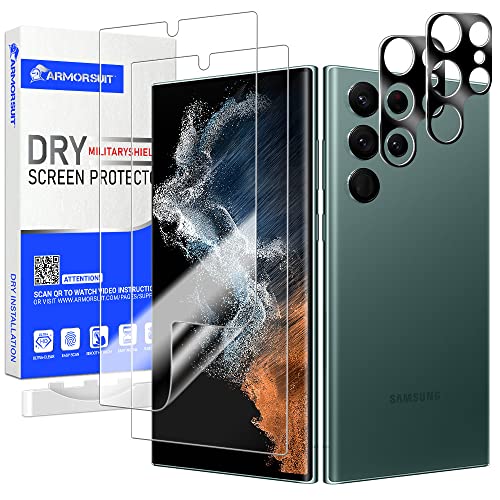 [2+2 Pack DRY-Militaryshield for Samsung Galaxy S22 Ultra Screen Protector (Not Glass) + Camera Lens Tempered Glass Protector, Support Fingerprint Sensor (Dry Installation)