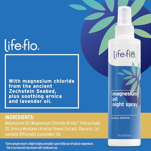 Life-flo Magnesium Oil Night Spray, Soothing Magnesium Spray w/Magnesium Chloride from Zechstein Seabed and Lavender Oil, Calms and Relaxes Body and Mind, 60-Day Guarantee, Not Tested on Animals, 8oz
