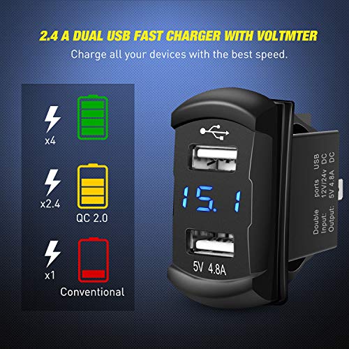 4 Gang Rocker Switch Panel with 4.8 Amp Dual USB Charger Voltmeter Waterproof 12V 24V DC Rocker Switch with Night Glow Stickers for Car Trucks Boats RVs