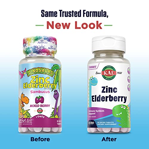 Kids Zinc Elderberry Dinosaurs, Immune Support Supplement* for Children w/ Sambucus Elderberry, Fast Dissolving Mixed Berry ActivMelts, Fun, Tasty Dino Shapes, Vegan, 90 Servings, 90 Micro Tablets