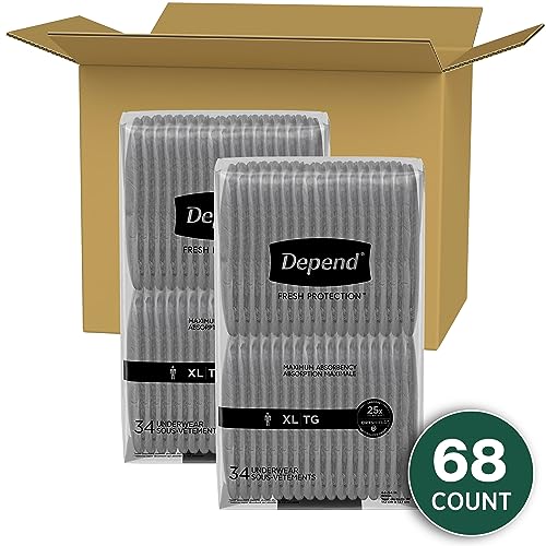 Fresh Protection Adult Incontinence Underwear for Men, Disposable, Maximum, Extra-Large, Grey, 68 Count (2 Packs of 34), Packaging May Vary