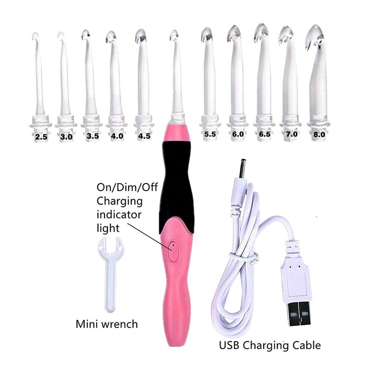 Lighted Crochet Hooks,11 Size Interchangeable Heads 2.5mm to 8.0mm with Ergonomic Grip Handles,USB Rechargeable LED Lighted Crochet Hooks Complete Set for Arthritic Hands (Red)