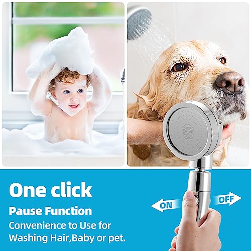 High Pressure Shower Head, 3-Settings Handheld Showerhead with ON/Off Full Shutoff Push Button and Switch to Control Flow, Angle-Adjustable Water Saving Body Sprays(Chrome)