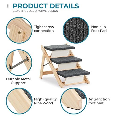 Wood Pet Stairs/Pet Steps - Foldable 3 Levels Dog Stairs & Ramp Perfect for Beds and Cars - Portable Dog/Cat Ladder Up to 110 Pounds