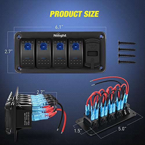 4 Gang Rocker Switch Panel with 4.8 Amp Dual USB Charger Voltmeter Waterproof 12V 24V DC Rocker Switch with Night Glow Stickers for Car Trucks Boats RVs