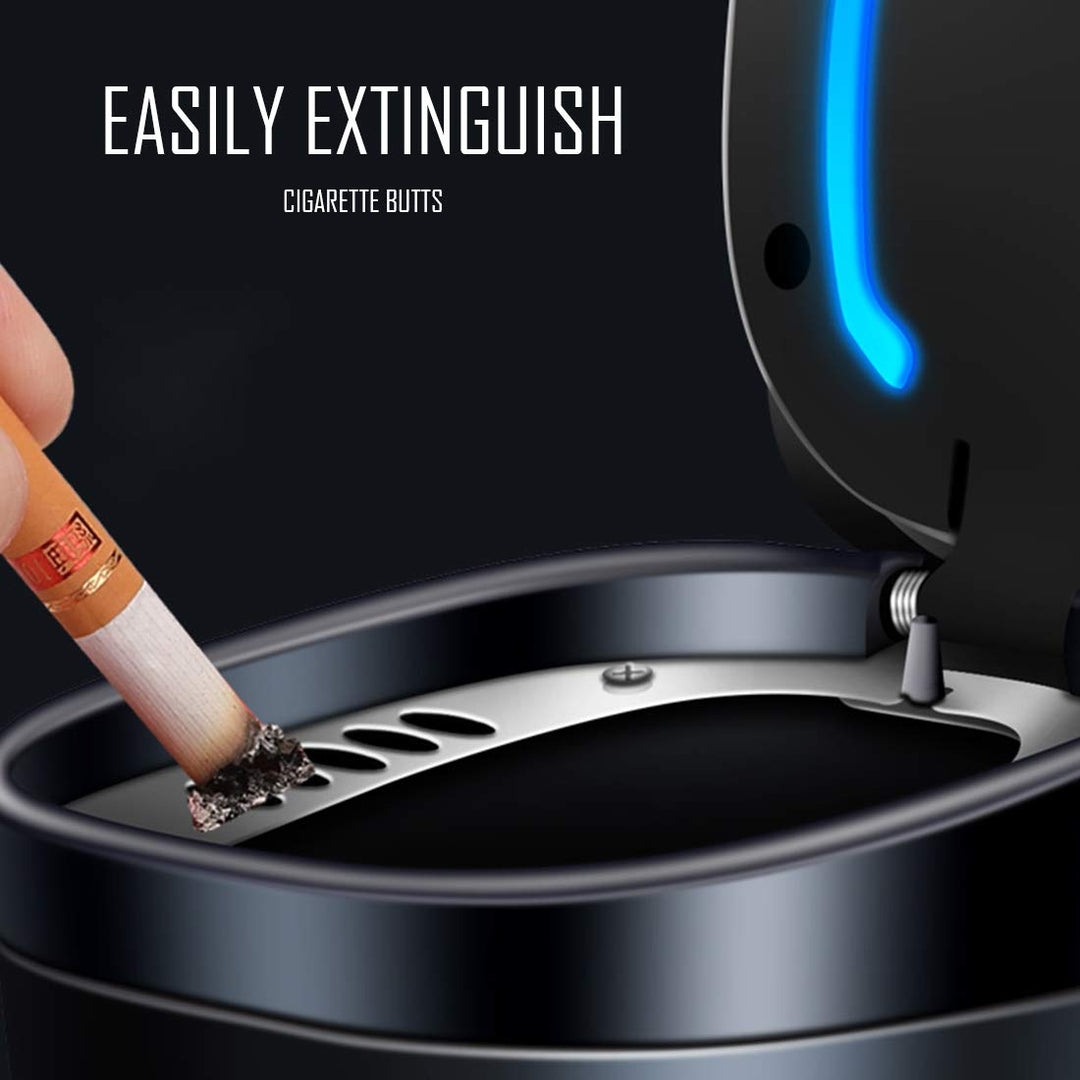 Car Ashtray Stainless Steel Cigarette Ashtray Easy Clean Up Detachable Smokeless Ashtray Cup Holder with Blue LED Light Indicator Smokeless for Most Car - Black