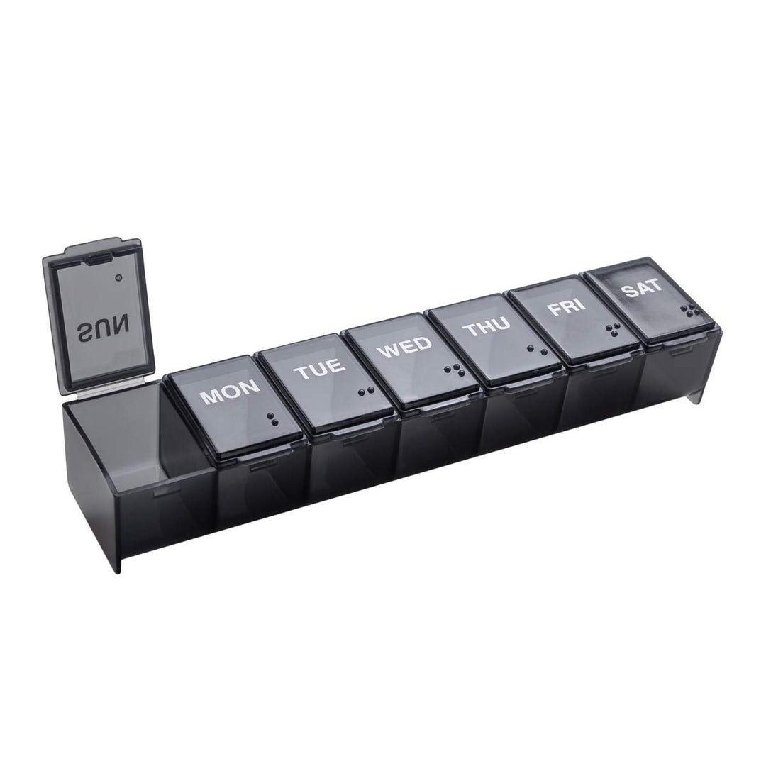 Weekly (7-Day) Pill Case, Medicine Planner, Vitamin Organizer Box, Convenient and Easy to Use, Large Compartments, Travel Friendly, Black, Made in the USA, BPA Free