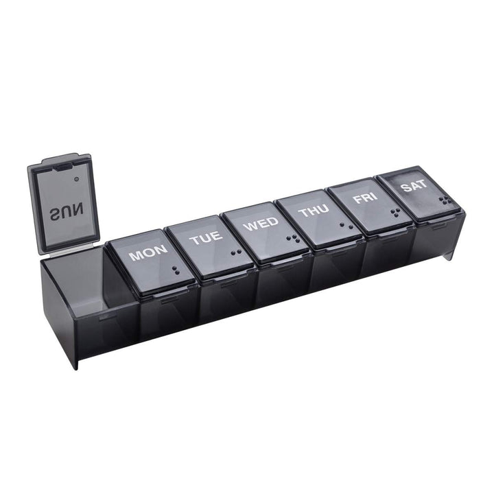 Weekly (7-Day) Pill Case, Medicine Planner, Vitamin Organizer Box, Convenient and Easy to Use, Large Compartments, Travel Friendly, Black, Made in the USA, BPA Free