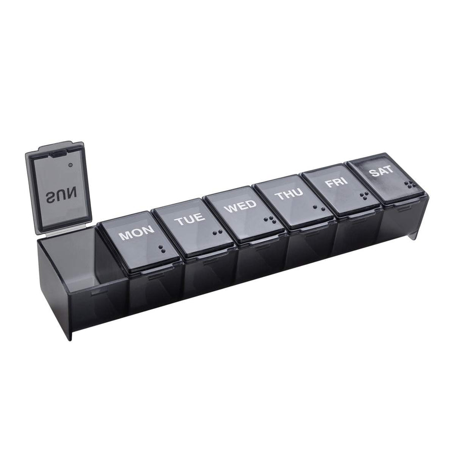 Weekly (7-Day) Pill Case, Medicine Planner, Vitamin Organizer Box, Convenient and Easy to Use, Large Compartments, Travel Friendly, Black, Made in the USA, BPA Free