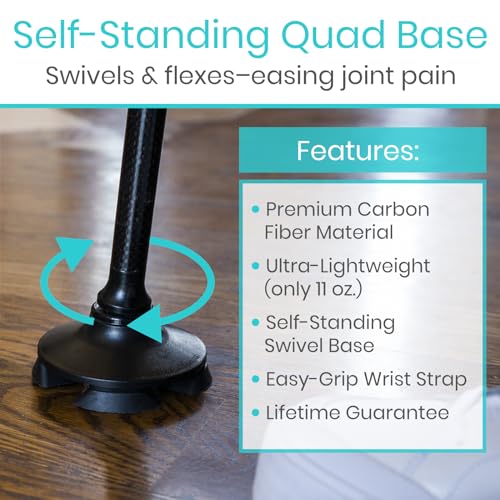 Ultra-Lightweight Quad Cane with Pivot Base - Carbon Fiber Weighs Only 11 oz - Self Balancing Lightweight Walking Stick for Women, Men - Non-Slip Tips - Mobility Aid for Seniors, Adults, Balance
