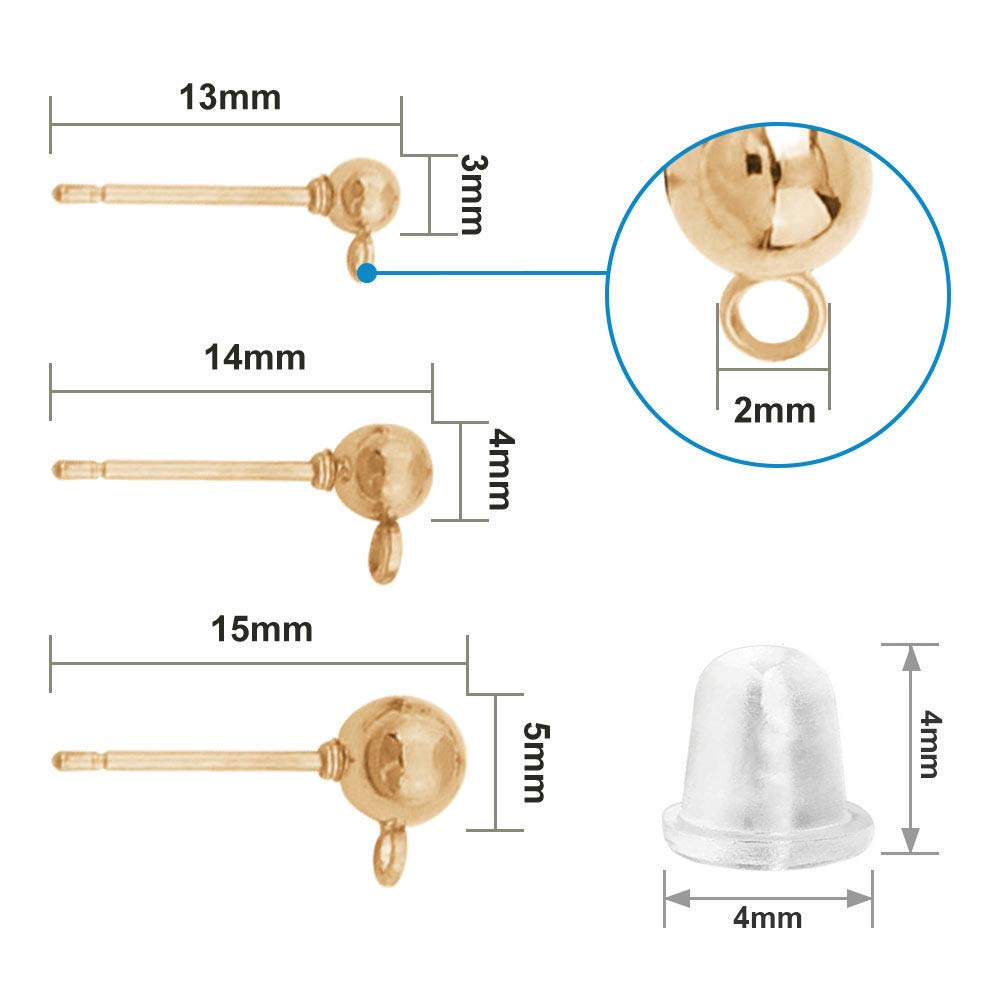 150 Pcs Hypoallergenic Ball Earring Studs with 200pcs Rubber Earring Safety Backs,Ball Post with Loop Round Ball Spherical Earrings for DIY Jewelry Earring Making