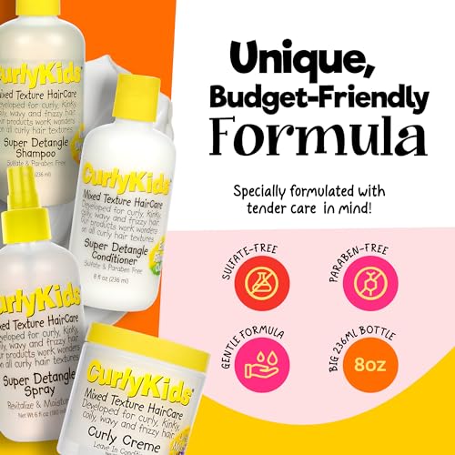 Textured Hair Care Set with Hair Detangler Spray, Kids Shampoo, Conditioner & Creme for Curly, Frizzy, & Wavy Hair | Sulfate & Paraben-Free Formula to Detangle, Hydrate, and Revitalize Curls