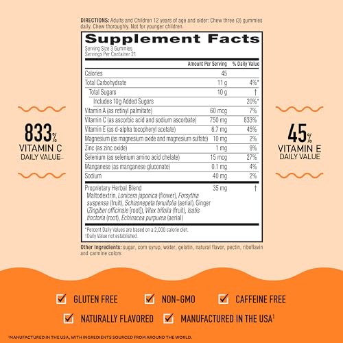 750mg Vitamin C Gummies For Adults, Immune Support Gummies With Powerful Antioxidants Vit C & E, Caffeine Free - 2x63ct Bottle (42 Servings), Assorted Fruit Flavor