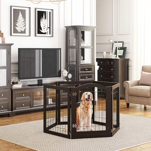 144-inch Extra Wide 30-inches Tall Dog gate with Door Walk Through, Freestanding Wire Pet Gate for The House, Doorway, Stairs, Pet Puppy Safety Fence, Support Feet Included, Espresso,6 Panels