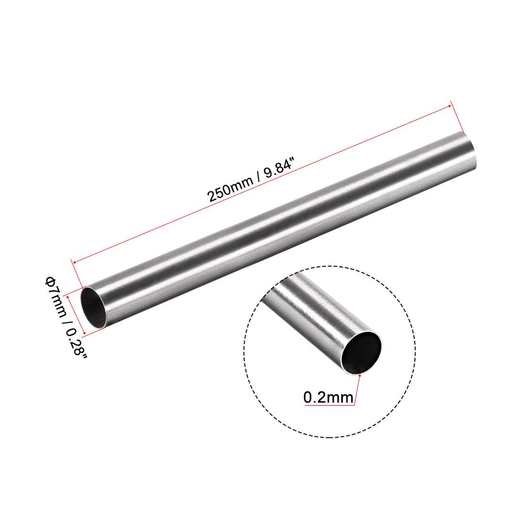 304 Stainless Steel Round Tubing 7mm OD 0.2mm Wall Thickness 250mm Length Seamless Straight Pipe Tube 2 Pcs