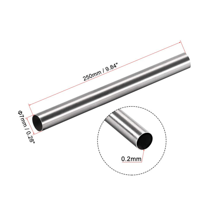 304 Stainless Steel Round Tubing 7mm OD 0.2mm Wall Thickness 250mm Length Seamless Straight Pipe Tube 2 Pcs