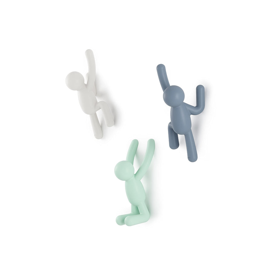 Buddy Wall Hooks – Decorative Wall Mounted Coat Hooks for Hanging Coats, Scarves, Bags, Purses, Backpacks, Towels and More, Set of 3, White/Grey/Mint