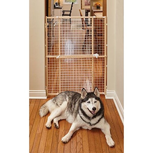 Wire Mesh Pet Safety Gate, Pressure Mounted Dog Gate Measures 44 Inches Tall & Expands to 29-50 Inches Wide, Natural Wood & White Powder Coated Wire Mesh