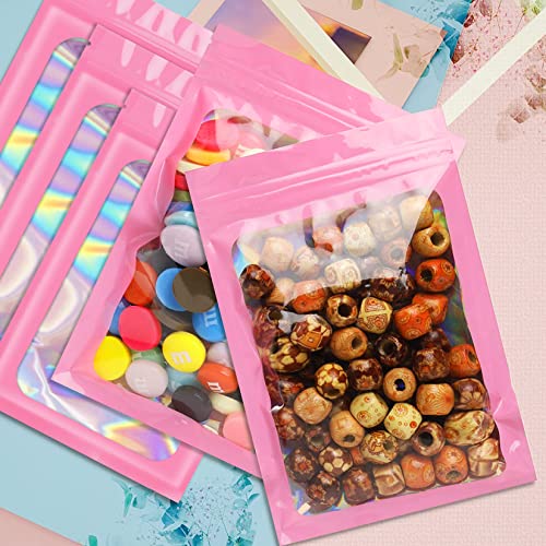 Funfery 100 pcs Pink Smell Proof Mylar Holographic Bags Packaging Bags,Clear Resealable Odor Proof Bags Foil Pouch Bags for Food Storage,Gloss,Jewelry,Eyelash Packaging for Small Business(6.3x9.4In)