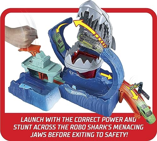Toy Car Track Set, Robo Shark Frenzy Playset & Color Shifters Car in 1:64 Scale, Vehicle Changes Colors in Very Warm & ICY Cold Water