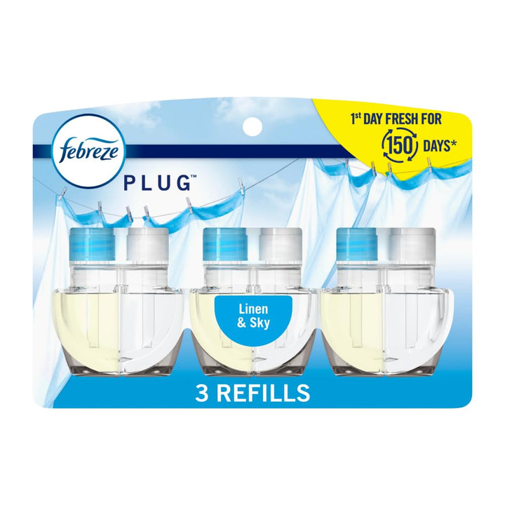 Plug In Air Freshener, Odor-Fighting Scented Oil Refill, Air Fresheners for Home and Bathroom and Kitchen, Long Lasting for Strong Odors, Linen & Sky Scent, 0.87oz Refills, 3 Count