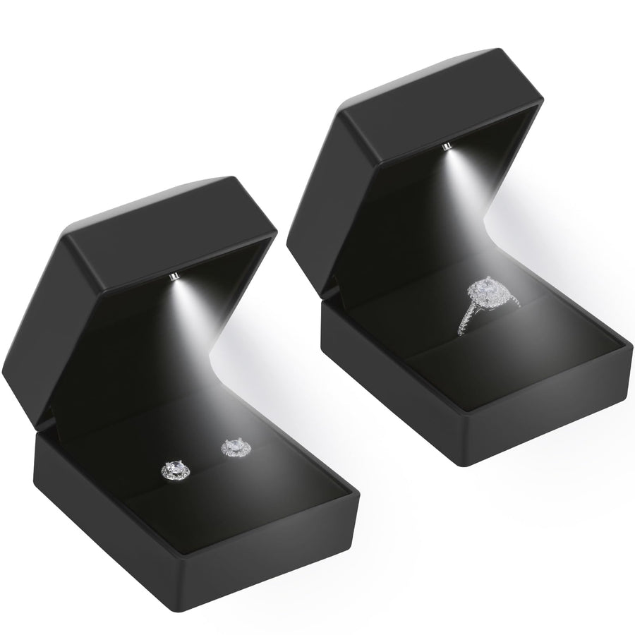 2 Pieces Ring Earring Gift Box with LED light, Elegant Velvet Ring Case Jewelry Display for Proposal, Engagement, Wedding, Gift (Black)