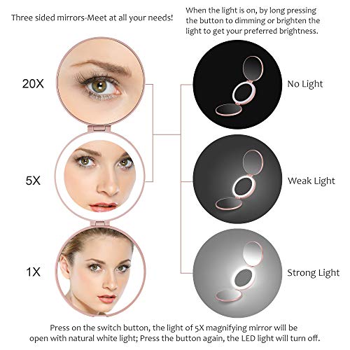 20X Magnifying Mirror with Light, 20X/5X/1X Travel Lighted Makeup Mirror,Portable LED Compact Mirror,Handheld Folding Rechargeable Ring Light Mirror(4inches, Rose Gold)