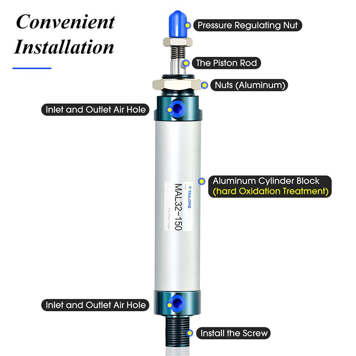 32mm Bore 150mm Stroke Air Cylinder Double Action with Y Connector and 2Pcs 8mm Fitting MAL32x150