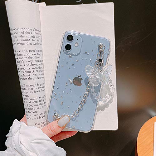 Girl Women Beautiful Gold Foil Goldleaf Transparent TPU Phone Case +Metal Bracelet Chain +Butterfly Lanyard, for iPhone 11, Full Protection (Scratch-Resistant &Shockproof) -Silver