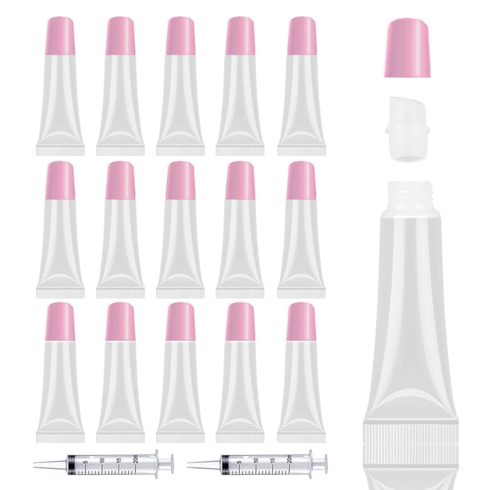 50PCS Lip Gloss Tubes Empty 10ml Pink Cap Lip Gloss Containers Lip Balm Tubes Cute Squeeze Tubes Lipgloss Making Supplies + 2 x 20ml Syringes Tag Labels for Lip Gloss Base