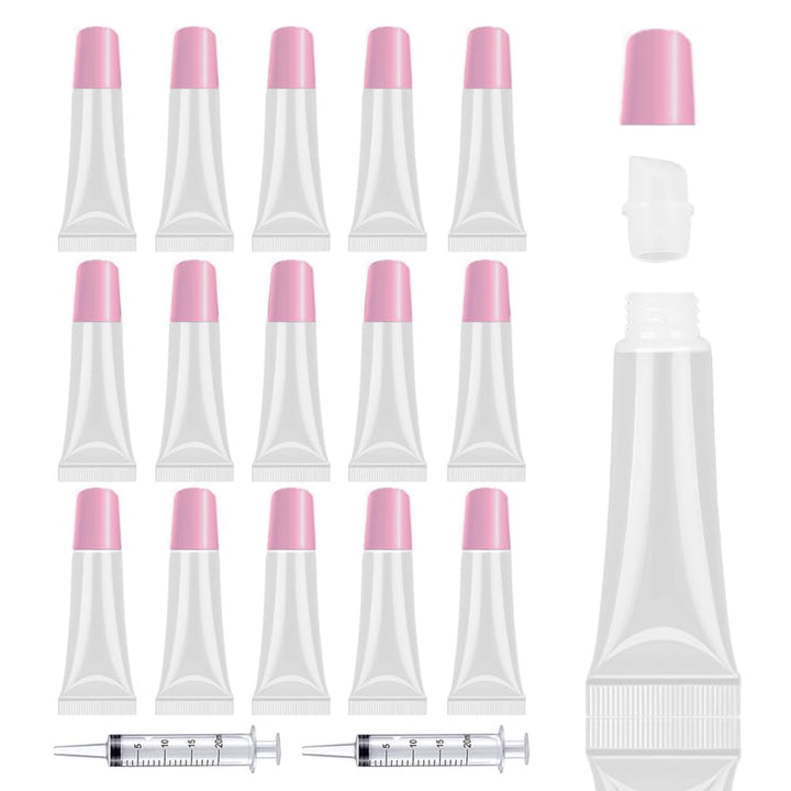 50PCS Lip Gloss Tubes Empty 10ml Pink Cap Lip Gloss Containers Lip Balm Tubes Cute Squeeze Tubes Lipgloss Making Supplies + 2 x 20ml Syringes Tag Labels for Lip Gloss Base