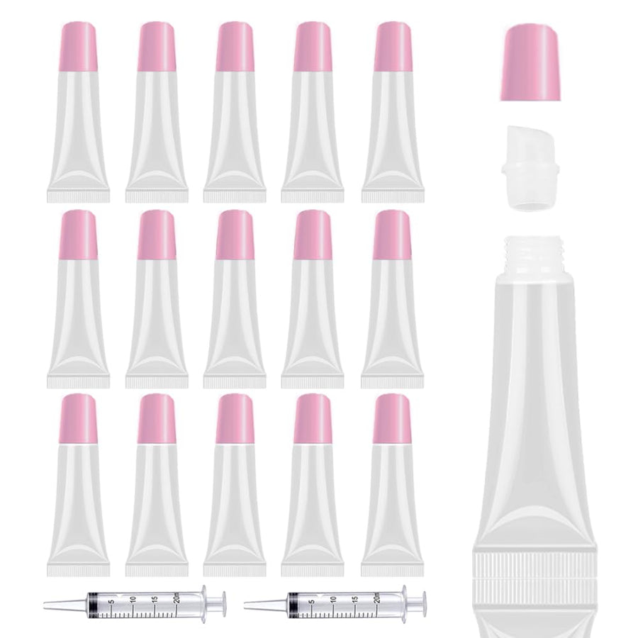 50PCS Lip Gloss Tubes Empty 10ml Pink Cap Lip Gloss Containers Lip Balm Tubes Cute Squeeze Tubes Lipgloss Making Supplies + 2 x 20ml Syringes Tag Labels for Lip Gloss Base