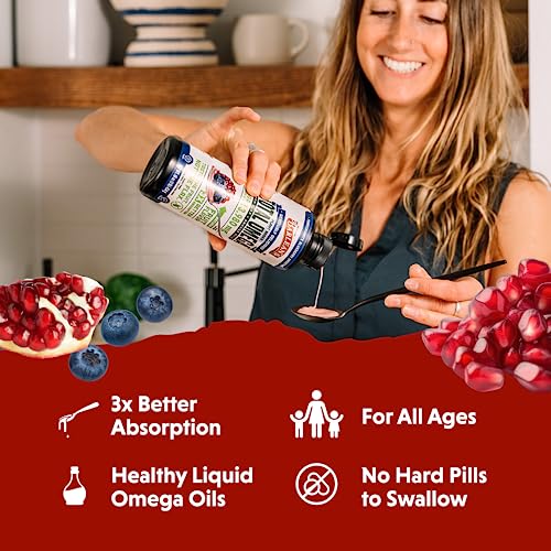 Barlean's Liquid Flaxseed, Borage and Algae Oils Omega 3 Supplement, Pomegranate Blueberry Flavor, Vegan EPA and DHA, Flax and Borage Seed Oil with 3,980 mg of Omega-3-6-9, 16 oz