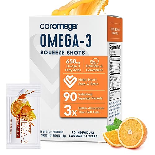 Omega 3 Fish Oil Supplement, 650mg of Omega-3s with 3X Better Absorption Than Softgels, Orange Flavor, 90 Single Serve Squeeze Packets