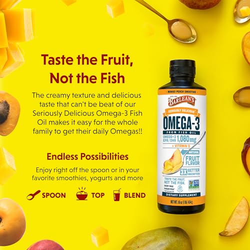 Barlean's Mango Peach Omega 3 Fish Oil Liquid Supplement with Vitamin D, 1080mg EPA & DHA Fatty Acid, Smoothie Flavored & Burpless for Brain, Joint, & Heart Health, 16 oz